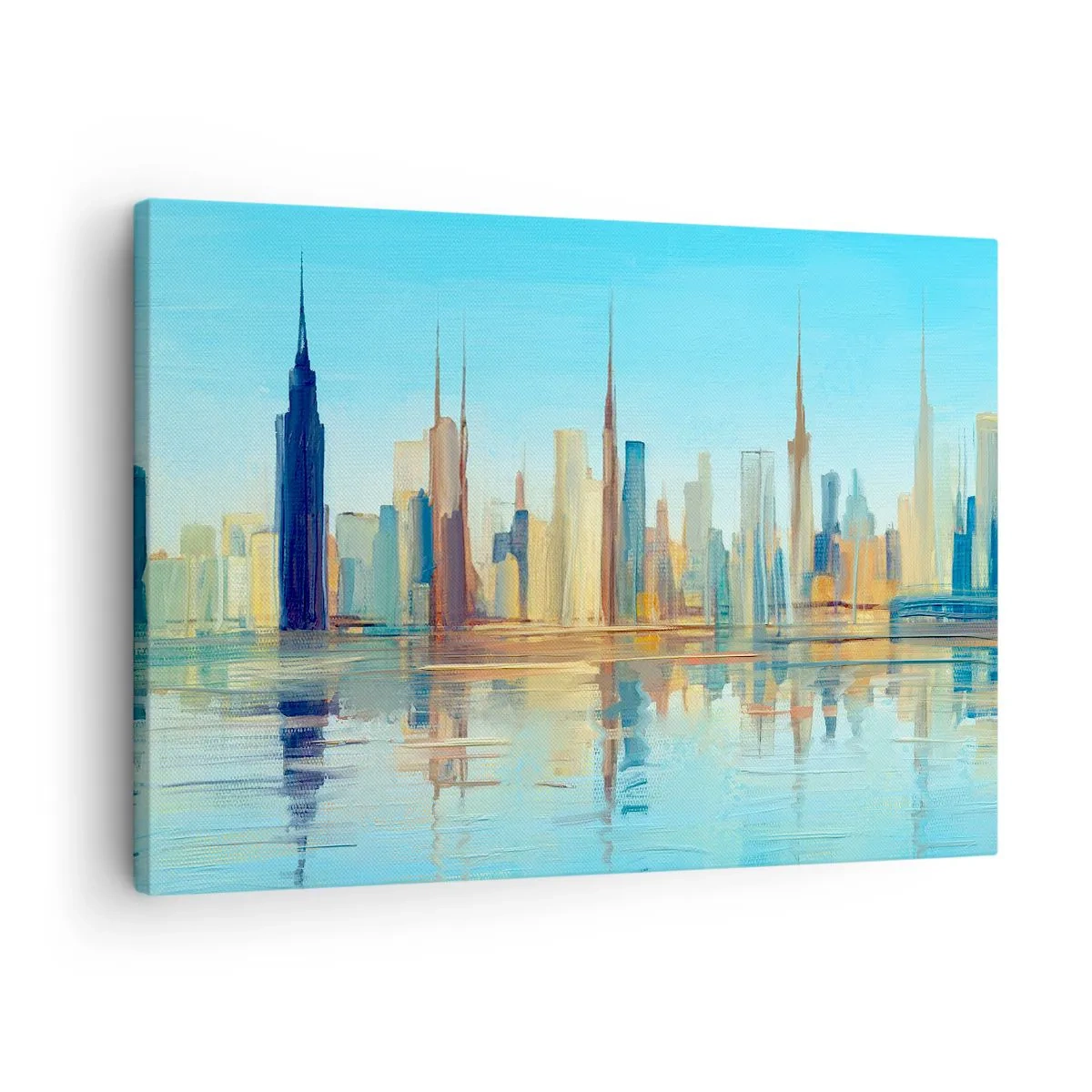 Quadro su tela - Stampe su Tela - Un panorama della città dai colori caldi con riflessi nell'acqua - 70x50cm - Metropoli assolata - Decorazione murale moderna per soggiorno e camera da letto ARTTOR