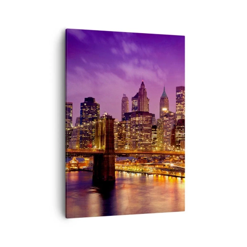 Quadro su tela - Stampe su Tela - Panorama della città con il ponte nella luce della sera contro il cielo viola - 50x70cm - Manhattan in viola e oro - Decorazione murale moderna per soggiorno e camera da letto ARTTOR
