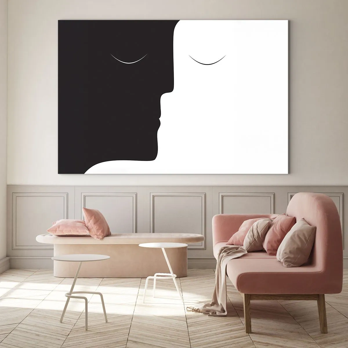 Quadro su vetro - Volti minimalisti in bianco e nero che formano un'unità - 70x50cm - Unità degli opposti - Decorazione murale moderna per soggiorno e camera da letto ARTTOR
