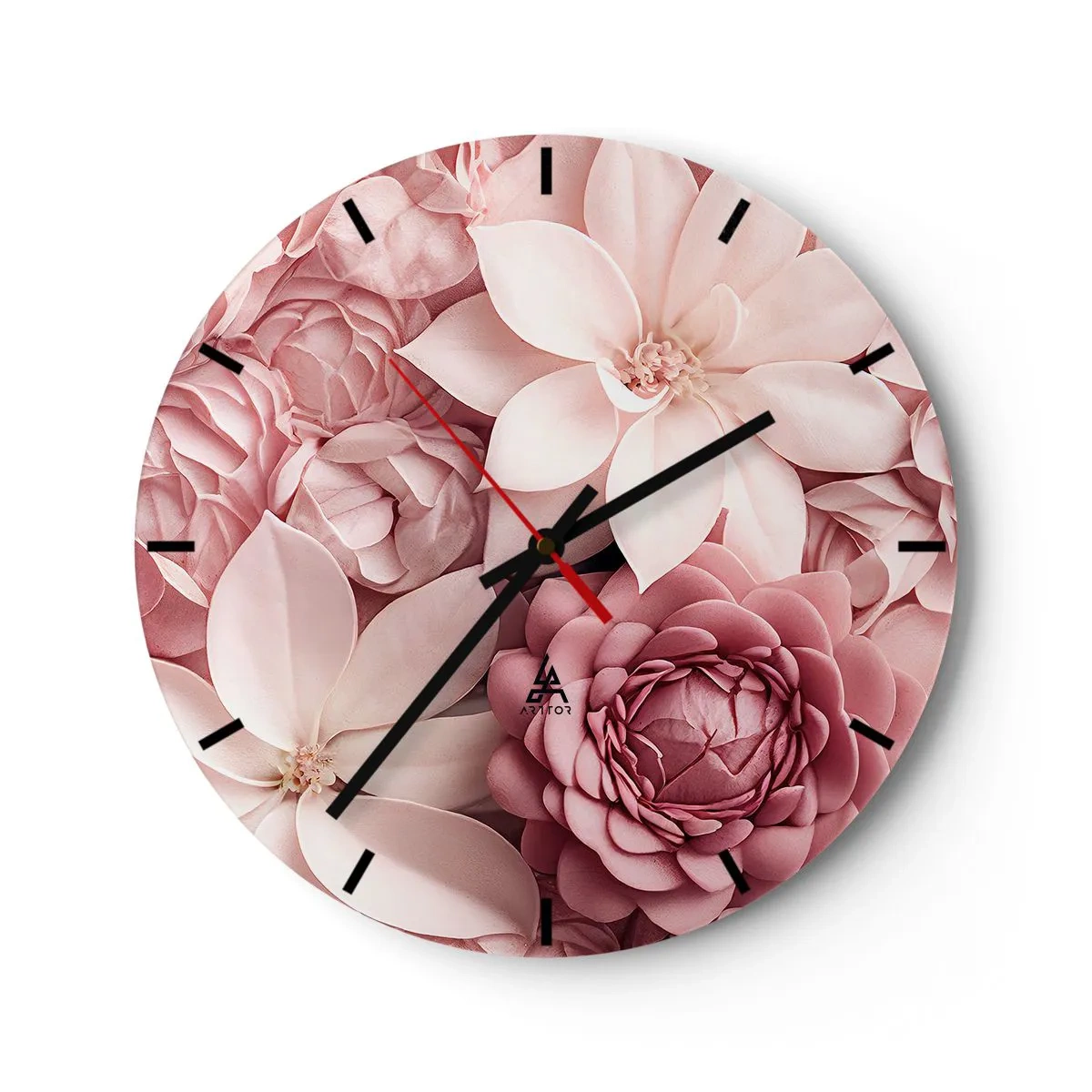 Orologio da parete - Orologio in Vetro - Una composizione di fiori rosa di varie tonalità e forme - 30x30cm - Nei petali di rosa - Decorazione murale moderna per soggiorno, cucina e camera da letto ARTTOR