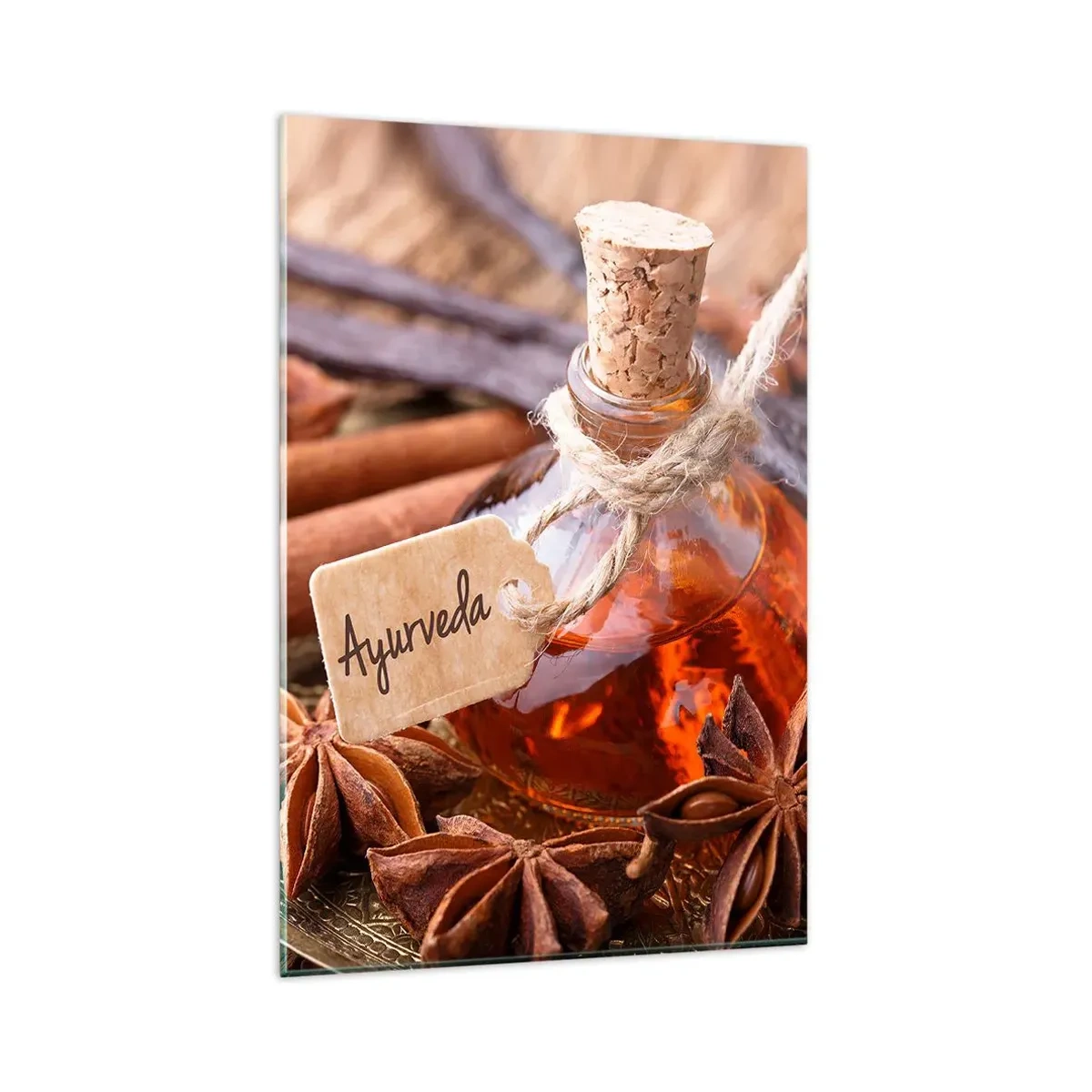 Quadro su vetro - Una bottiglia di olio speziato su un vassoio - 80x120cm - Verso l'unità del corpo e dell'anima - Decorazione murale moderna per soggiorno e camera da letto ARTTOR