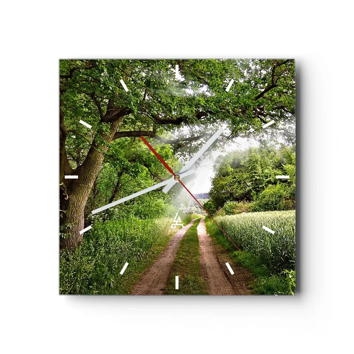 Orologio da parete - Orologio in Vetro - Una strada sterrata tra alberi verdi e luce solare - 30x30cm - Et in Arcadia ego - Decorazione murale moderna per soggiorno e camera da letto ARTTOR