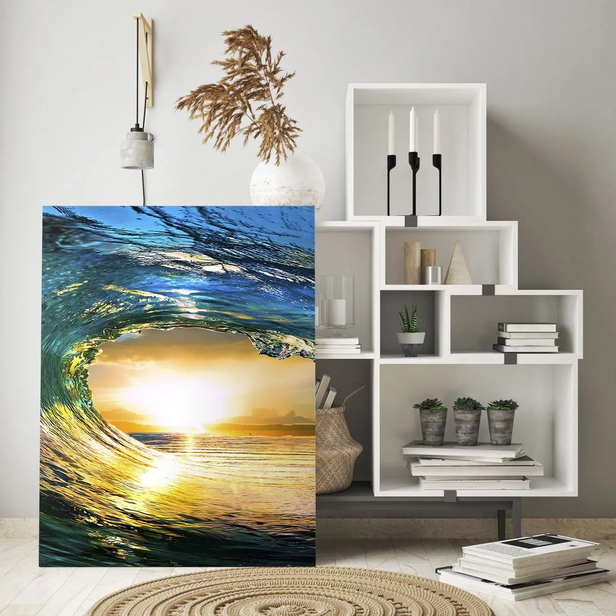 Quadro su vetro - Un'onda dell'oceano catturata alla luce del sole al tramonto - 50x70cm - Nel cristallo oro e smeraldo - Decorazione murale moderna per soggiorno e camera da letto ARTTOR