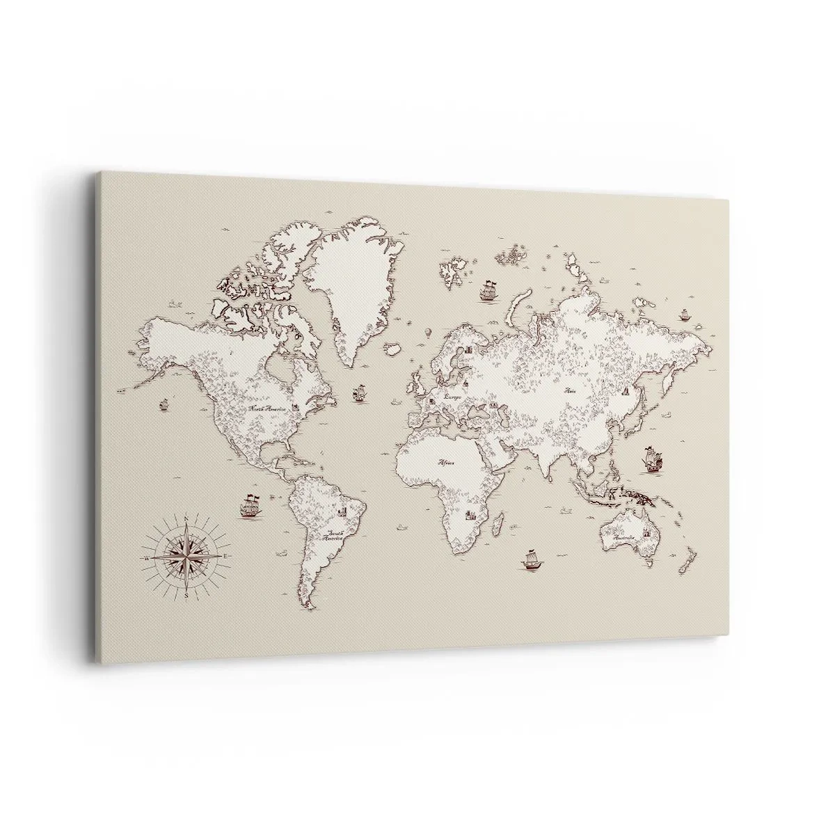 Quadro su tela - Stampe su Tela - Una mappa stilizzata del mondo nei toni del beige e del marrone. - 100x70cm - Il viaggio attorno al mondo - Decorazione murale moderna per soggiorno e camera da letto ARTTOR