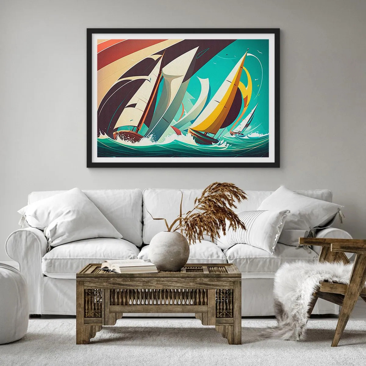 Poster in cornice nera - Un'illustrazione dinamica di barche a vela in un mare in tempesta. - 70x50cm - Compagne degli elementi - Decorazione murale moderna per soggiorno e camera da letto ARTTOR