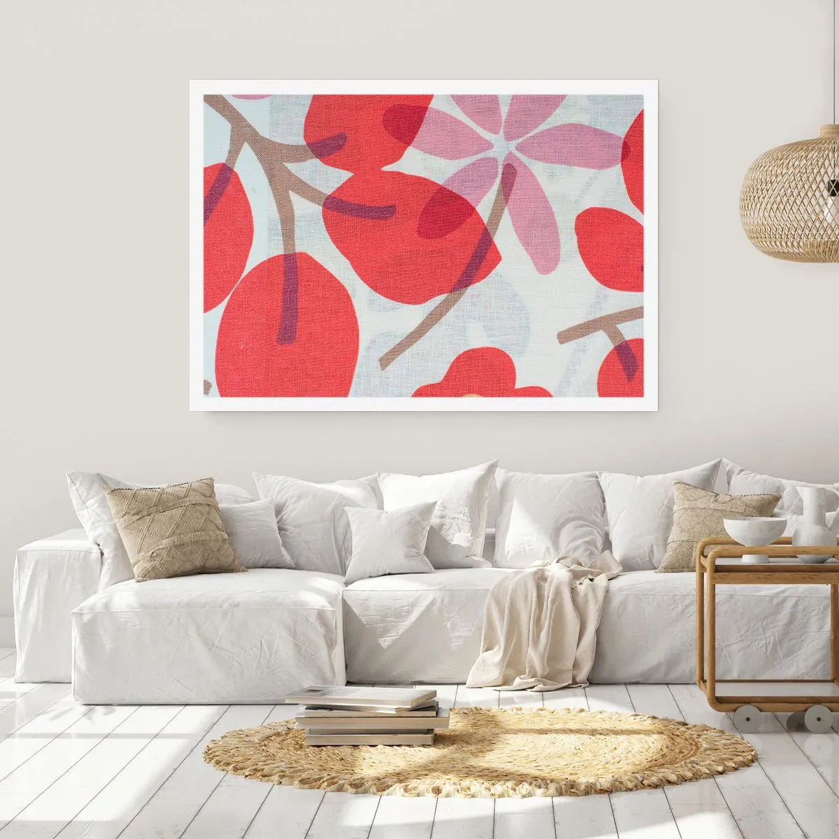 Poster - Fiori e foglie nelle tonalità del rosso e del rosa - 100x70cm - Composizione di fiori in rosa - Decorazione murale moderna per soggiorno e camera da letto ARTTOR