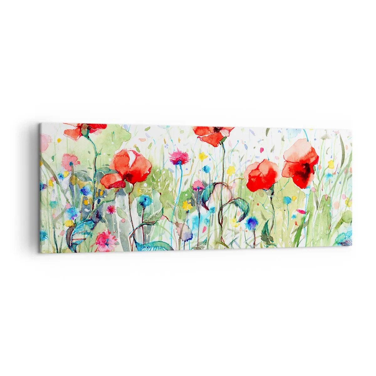 Quadro su tela - Stampe su Tela - Un prato con papaveri rossi e fiori colorati in acquerello - 140x50cm - Il prato fiorito a maggio - Decorazione murale moderna per soggiorno e camera da letto ARTTOR