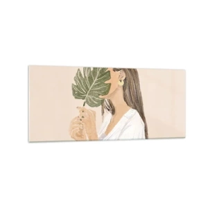 Quadro su vetro - Ritratto di una donna con una foglia di monstera su uno sfondo beige - 120x50cm - Misterioso ritratto con ventaglio - Decorazione murale moderna per soggiorno e camera da letto ARTTOR