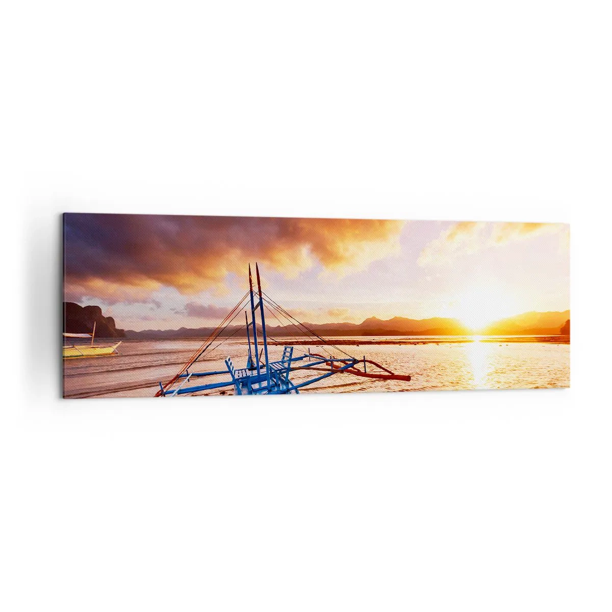 Quadro su tela - Stampe su Tela - Barca blu sulla spiaggia al tramonto - 160x50cm - Riposo sulla sabbia dopo l'intera giornata - Decorazione murale moderna per soggiorno e camera da letto ARTTOR