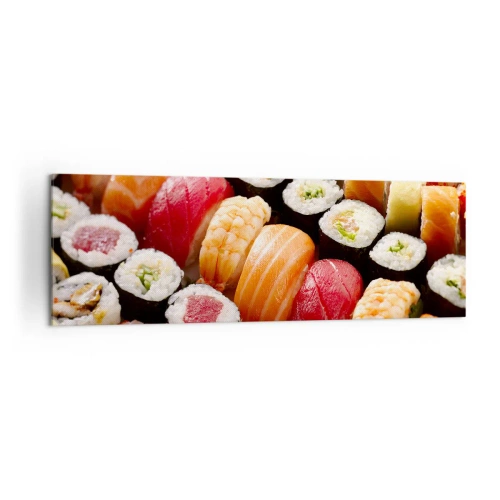 Quadro su tela - Stampe su Tela - Sushi colorati disposti in file con vari condimenti - 160x50cm - Colori e sapori dell'Asia - Decorazione murale moderna per soggiorno e camera da letto ARTTOR