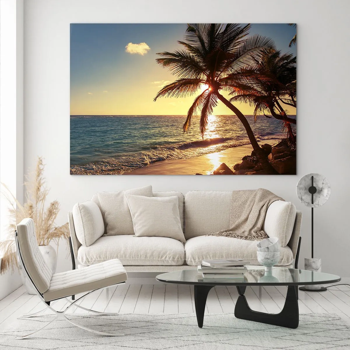 Quadro su vetro - Spiaggia tropicale con palme alla luce del sole al tramonto - 70x50cm - Estate sotto le palme - Decorazione murale moderna per soggiorno e camera da letto ARTTOR