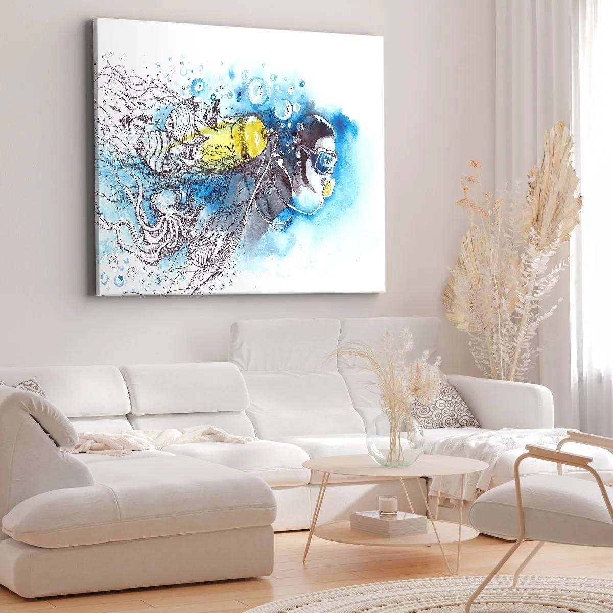 Quadro su tela - Stampe su Tela - Scena subacquea con un subacqueo e pesci esotici - 70x50cm - Il grande blu - Decorazione murale moderna per soggiorno e camera da letto ARTTOR