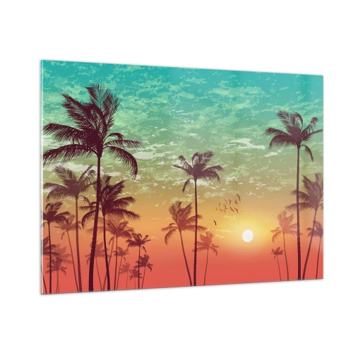 Quadro su vetro - Illustrazione di palme al tramonto - 100x70cm - Climi tropicali - Decorazione murale moderna per soggiorno e camera da letto ARTTOR