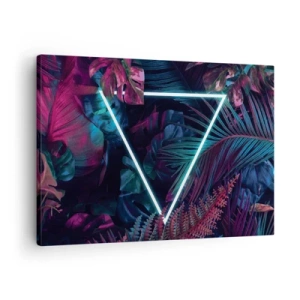 Quadro su tela - Stampe su Tela - Un triangolo al neon circondato da foglie tropicali dai colori scuri. - 70x50cm - Giardino in stile discoteca - Decorazione murale moderna per soggiorno e camera da letto ARTTOR