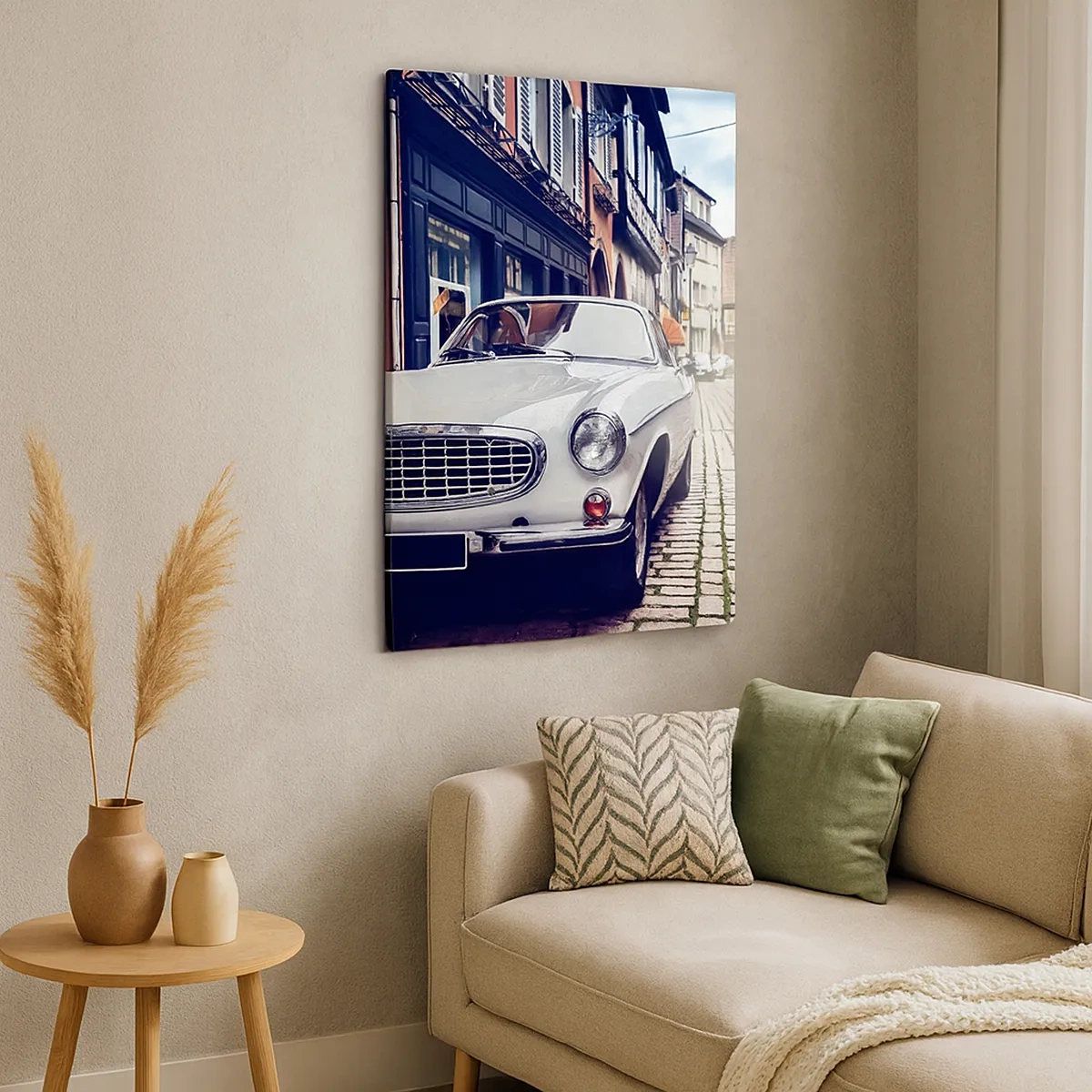 Quadro su tela - Stampe su Tela - Una classica auto bianca su una strada cittadina acciottolata - 50x70cm - Il passato è oggi - Decorazione murale moderna per soggiorno e camera da letto ARTTOR