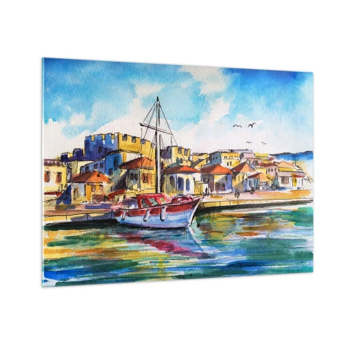 Quadro su vetro - Un colorato porto turistico con una barca a vela e architettura mediterranea - 70x50cm - Un colorato pomeriggio - Decorazione murale moderna per soggiorno e camera da letto ARTTOR