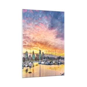 Quadro su vetro - Marina con yacht e paesaggio urbano al tramonto - 80x120cm - La città dei mille marinai - Decorazione murale moderna per soggiorno e camera da letto ARTTOR