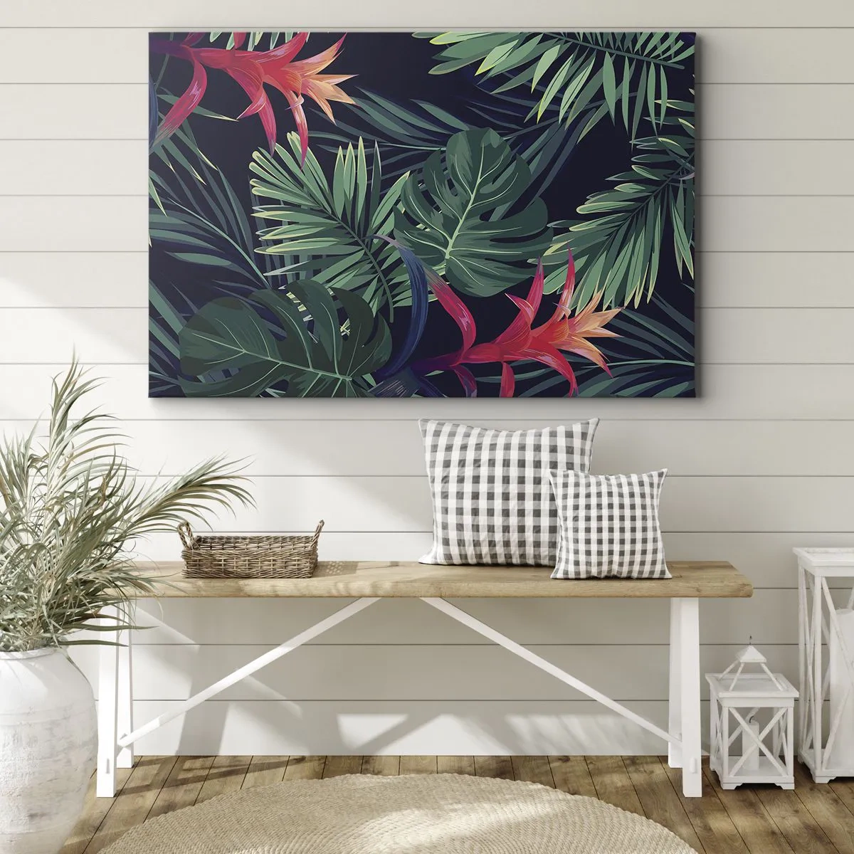 Quadro su tela - Stampe su Tela - Foglie e fiori tropicali su sfondo scuro - 100x70cm - Fiammante nel verde - Decorazione murale moderna per soggiorno e camera da letto ARTTOR