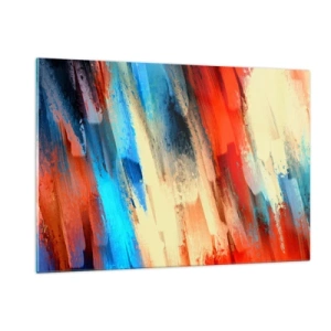 Quadro su vetro - Pennellate astratte nelle tonalità del blu, rosso e beige - 120x80cm - Cascata di colori - Decorazione murale moderna per soggiorno e camera da letto ARTTOR