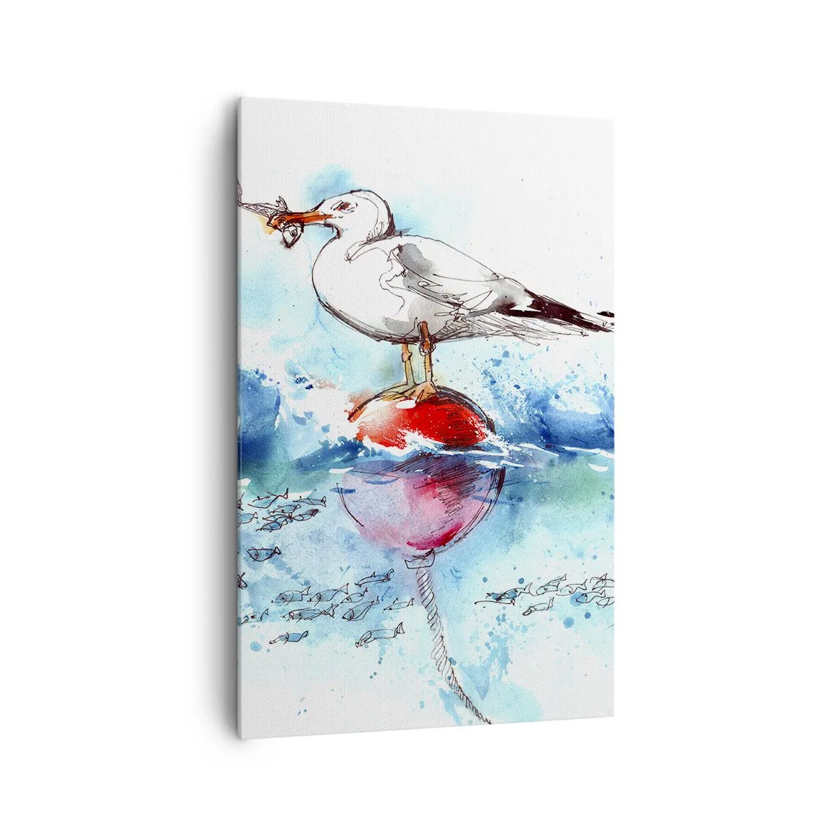 Quadro su tela - Stampe su Tela - Gabbiano su una boa con pesci sullo sfondo in stile acquerello - 80x120cm - Buona pesca - Decorazione murale moderna per soggiorno e camera da letto ARTTOR