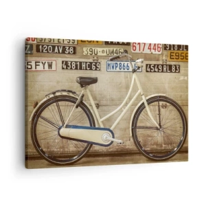 Quadro su tela - Stampe su Tela - Una bicicletta retrò contro un muro decorato con targhe - 70x50cm - Senza complessi - Decorazione murale moderna per soggiorno e camera da letto ARTTOR