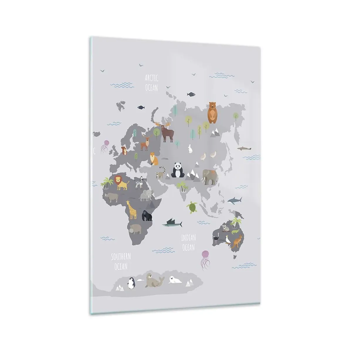 Quadro su vetro - Una mappa del mondo con illustrazioni di animali su uno sfondo grigio - 80x120cm - Dimmi di dove sei... - Decorazione murale moderna per soggiorno e camera da letto ARTTOR