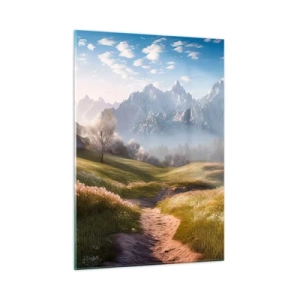 Quadro su vetro - Paesaggio primaverile con una valle, fiori e montagne sullo sfondo al mattino - 50x70cm - Valle idilliaca - Decorazione murale moderna per soggiorno e camera da letto ARTTOR