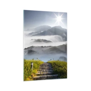 Quadro su vetro - Scale di pietra che salgono attraverso le montagne avvolte nella nebbia mattutina - 70x100cm - Sempre in alto verso le nuvole - Decorazione murale moderna per soggiorno e camera da letto ARTTOR