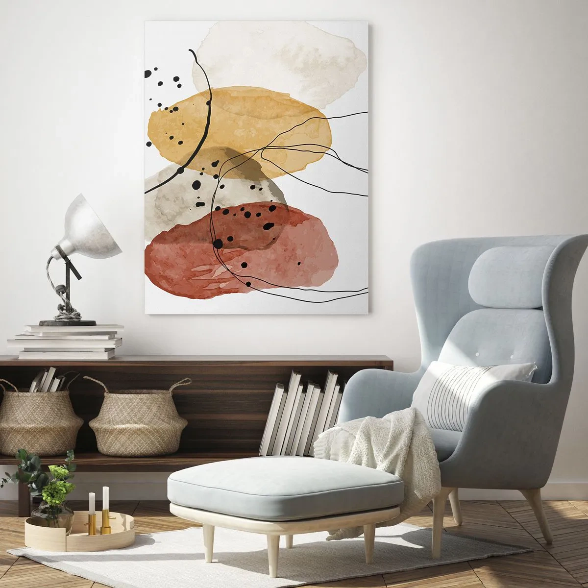 Quadro su vetro - Macchie astratte nei toni del beige, giallo e rosso - 70x100cm - Come aria leggera e trasparente - Decorazione murale moderna per soggiorno e camera da letto ARTTOR