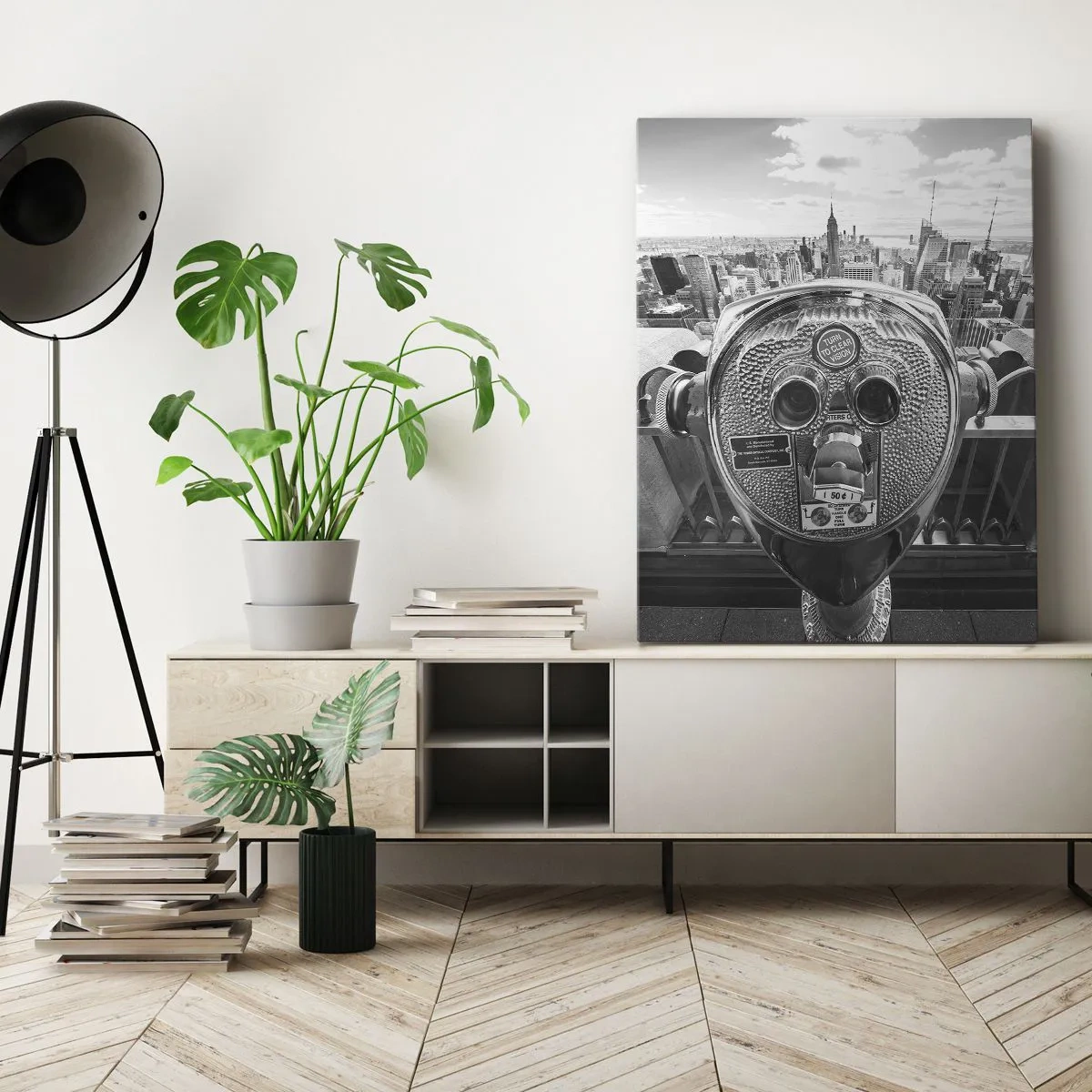 Quadro su tela - Stampe su Tela - Vista monocromatica attraverso il telescopio del panorama della città - 50x70cm - Il centro del mondo - Decorazione murale moderna per soggiorno e camera da letto ARTTOR