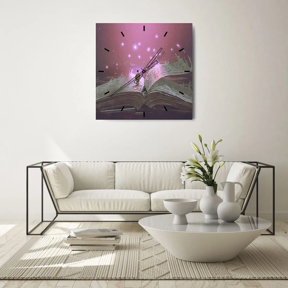 Orologio da parete - Orologio in Vetro - Una figura cammina su un libro aperto in una luce magica. - 30x30cm - Invito ad un altro mondo: leggi! - Decorazione murale moderna per soggiorno e camera da letto ARTTOR
