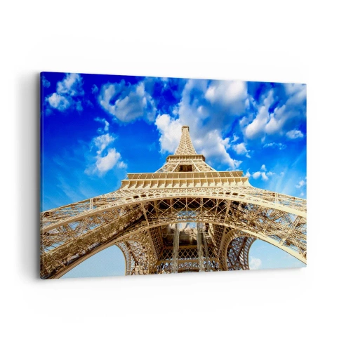 Quadro su tela - Stampe su Tela - La Torre Eiffel dal basso contro un cielo blu - 120x80cm - Toccare il cielo e le nuvole - Decorazione murale moderna per soggiorno e camera da letto ARTTOR