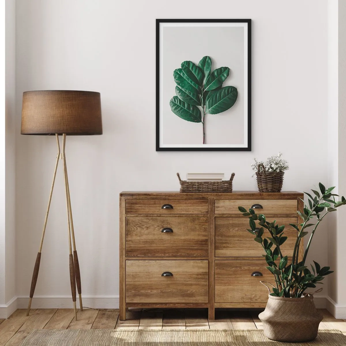 Poster in cornice nera - Un ramo con foglie verde scuro su uno sfondo chiaro - 50x70cm - Il disegno della natura stessa - Decorazione murale moderna per soggiorno e camera da letto ARTTOR
