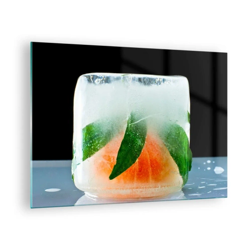 Quadro su vetro - Frutta e foglie congelate nel ghiaccio trasparente - 70x50cm - Freschezza e rinfresco - Decorazione murale moderna per soggiorno e camera da letto ARTTOR