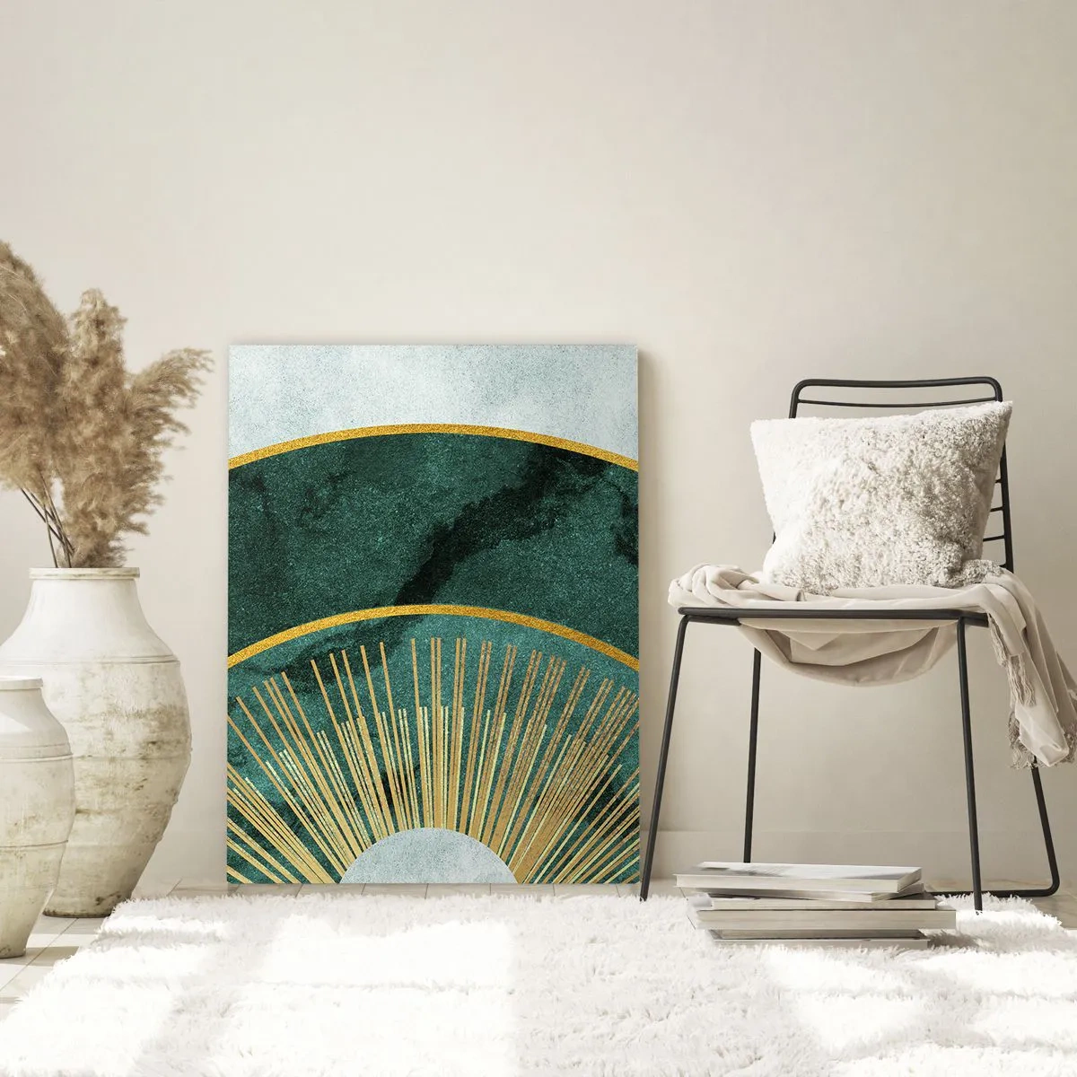 Quadro su vetro - Raggi dorati su uno sfondo di semicerchi verdi con struttura in marmo - 50x70cm - Un altro sistema solare - Decorazione murale moderna per soggiorno e camera da letto ARTTOR