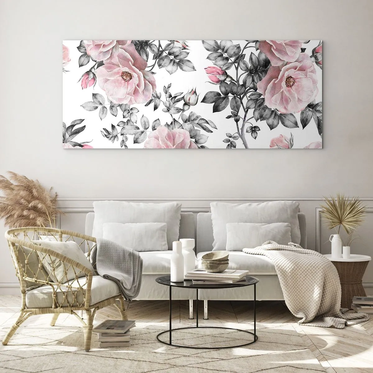 Quadro su vetro - Rose rosa e foglie su un delicato sfondo bianco e nero - 120x50cm - Perdersi tra le rose - Decorazione murale moderna per soggiorno e camera da letto ARTTOR