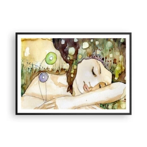 Poster in cornice nera - Una donna che sogna circondata da forme e colori astratti. - 100x70cm - Sogno smeraldo e viola - Decorazione murale moderna per soggiorno e camera da letto ARTTOR