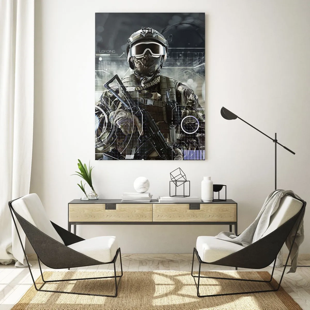 Quadro su vetro - Un soldato con un casco futuristico e una pistola sullo sfondo della tecnologia. - 70x100cm - Potenza al quadrato - Decorazione murale moderna per soggiorno e camera da letto ARTTOR