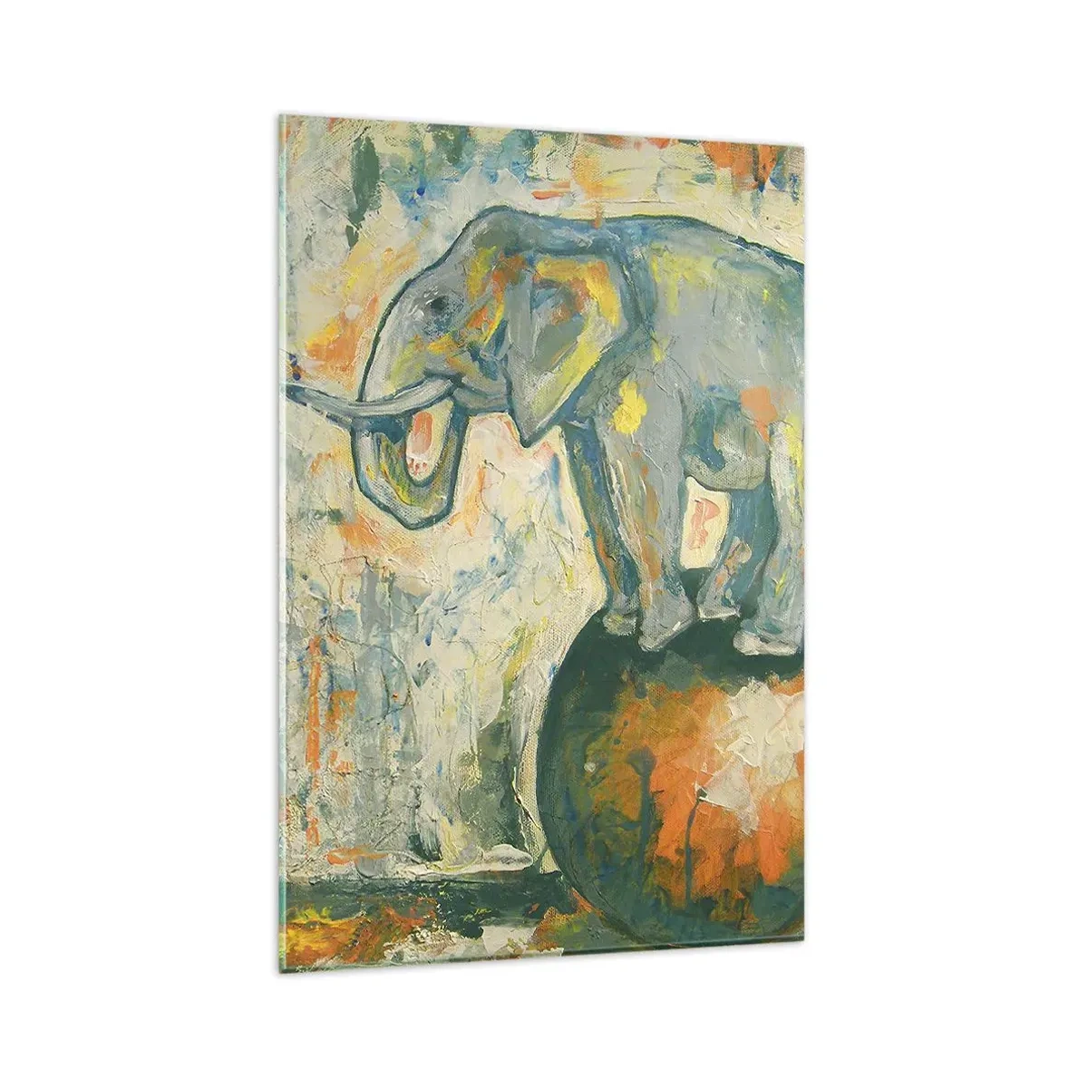 Quadro su vetro - Un elefante in equilibrio su una palla in stile artistico - 80x120cm - Evviva il circo! - Decorazione murale moderna per soggiorno e camera da letto ARTTOR
