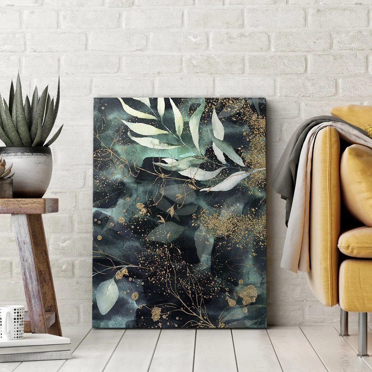 Quadro su tela - Stampe su Tela - Eleganti foglie su sfondo scuro con accenti dorati - 50x70cm - Il giardino incantato - Decorazione murale moderna per soggiorno e camera da letto ARTTOR
