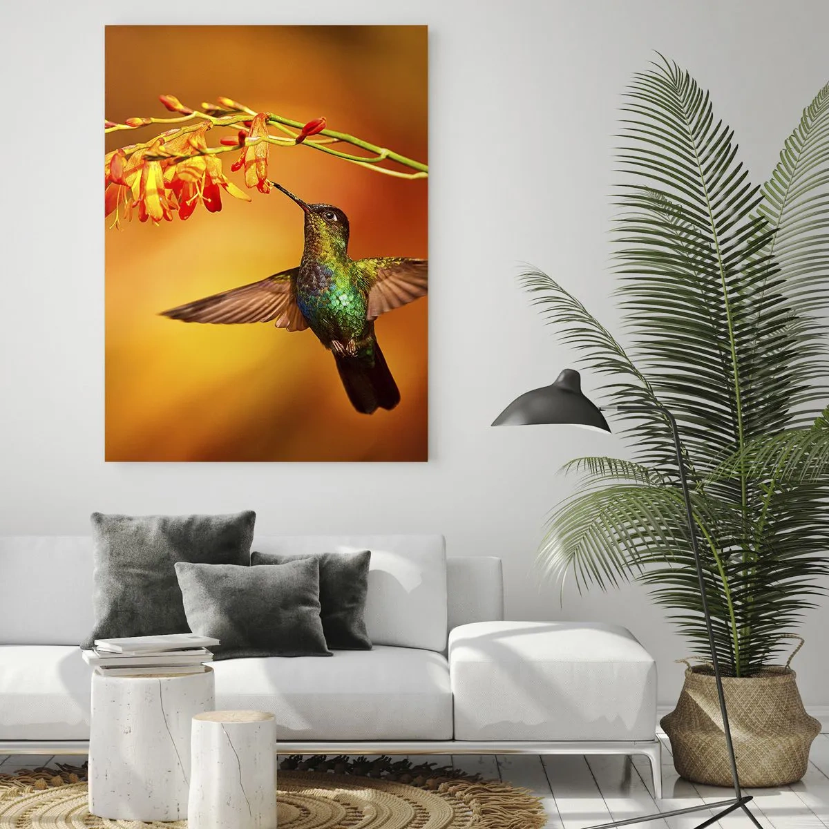 Quadro su vetro - Colibrì tra i fiori in un bagliore dorato - 50x70cm - Messaggero di luce secondo i Maya - Decorazione murale moderna per soggiorno e camera da letto ARTTOR