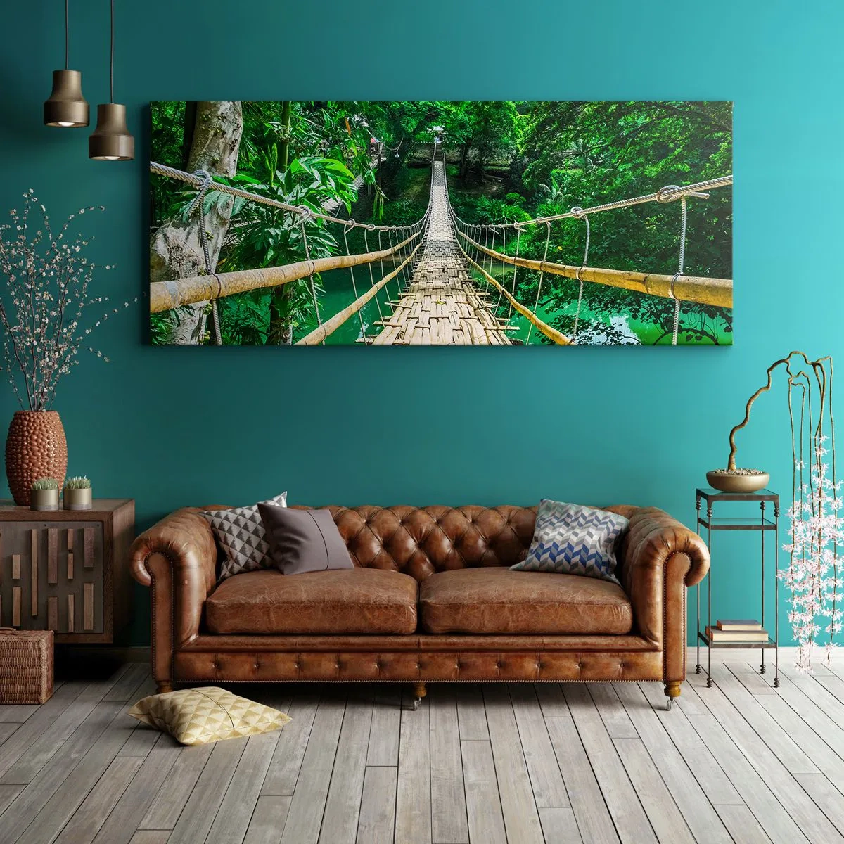 Quadro su tela - Stampe su Tela - Un ponte sospeso di bambù immerso nel verde - 160x50cm - Ponte sospeso sopra il verde - Decorazione murale moderna per soggiorno e camera da letto ARTTOR