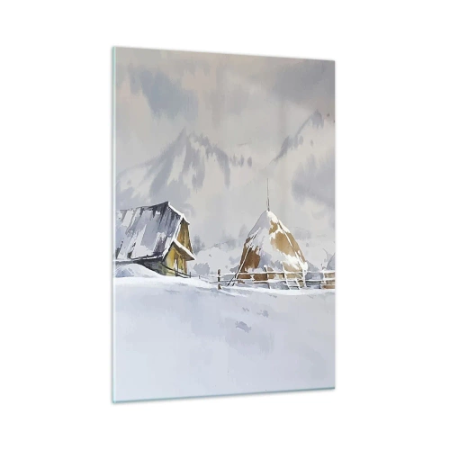 Quadro su vetro - Paesaggio invernale con una casetta e pagliai in montagna - 50x70cm - Nella valle innevata - Decorazione murale moderna per soggiorno e camera da letto ARTTOR