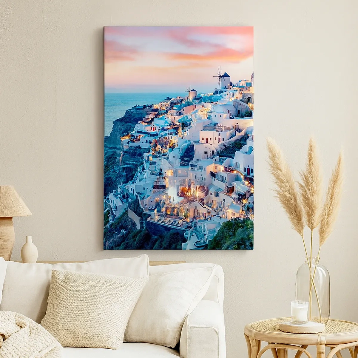 Quadro su tela - Stampe su Tela - Santorini al tramonto con edifici bianchi sulla collina - 50x70cm - La tua grossa vacanza greca - Decorazione murale moderna per soggiorno e camera da letto ARTTOR