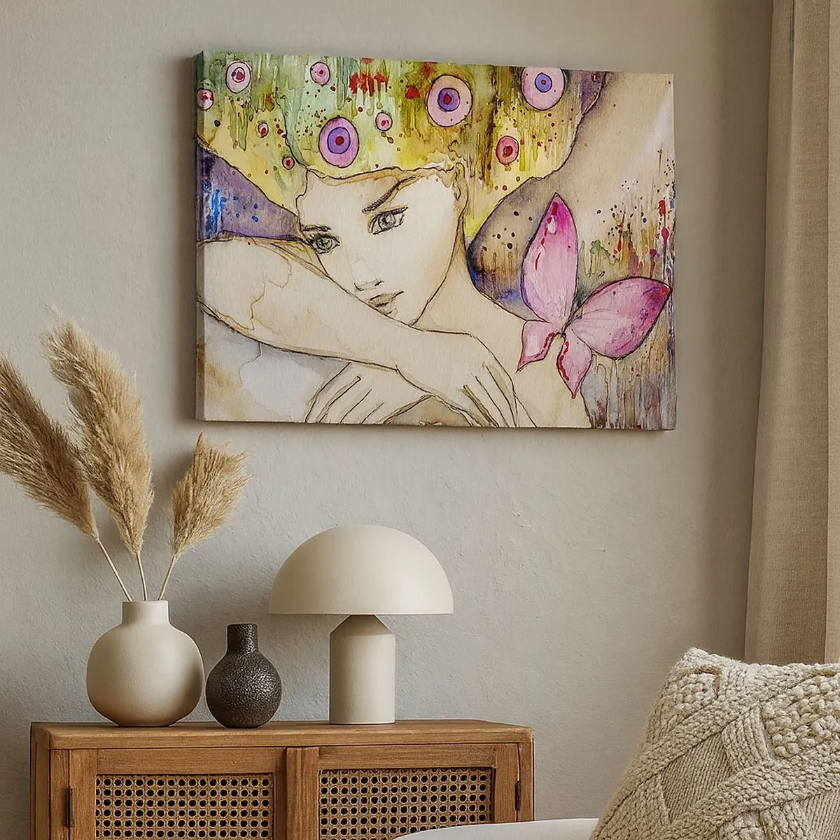 Quadro su tela - Stampe su Tela - Una donna con un'acconciatura astratta e una farfalla rosa - 70x50cm - La farfalla della principessa - Decorazione murale moderna per soggiorno e camera da letto ARTTOR
