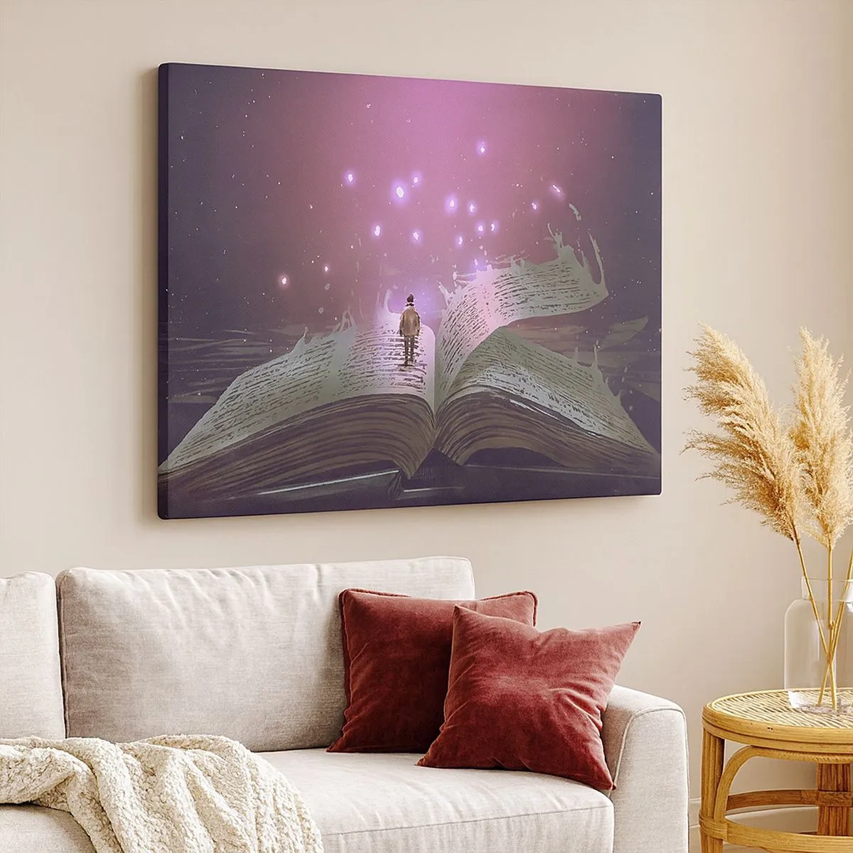 Quadro su tela - Stampe su Tela - Una figura cammina su un libro aperto in una luce magica. - 70x50cm - Invito ad un altro mondo: leggi! - Decorazione murale moderna per soggiorno e camera da letto ARTTOR