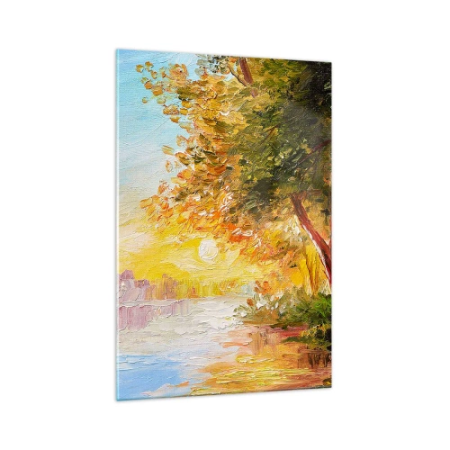 Quadro su vetro - Un paesaggio pittoresco con un fiume e alberi al tramonto - 70x100cm - Et in Arcadia ego - Decorazione murale moderna per soggiorno e camera da letto ARTTOR