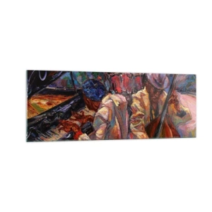 Quadro su vetro - Scena jazz energica con musicisti e strumenti - 140x50cm - In un unico ritmo - Decorazione murale moderna per soggiorno e camera da letto ARTTOR