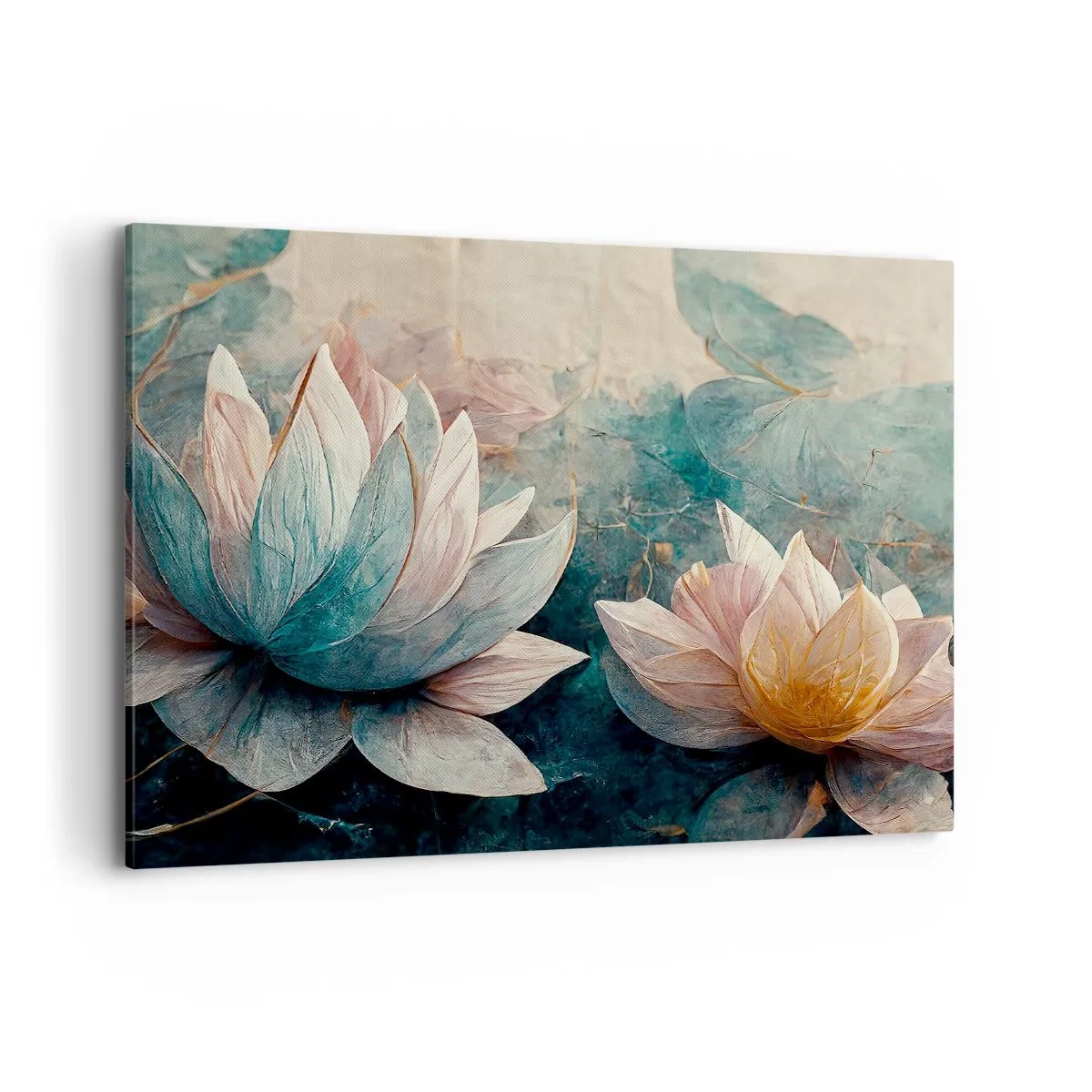 Quadro su tela - Stampe su Tela - Delicate ninfee in tonalità pastello di blu e oro - 100x70cm - Le stelle del lago - Decorazione murale moderna per soggiorno e camera da letto ARTTOR