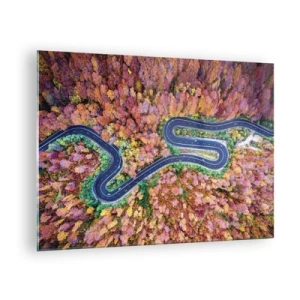 Quadro su vetro - Una vista a volo d'uccello di una strada tortuosa tra alberi autunnali colorati - 70x50cm - Via tortuosa attraverso il bosco - Decorazione murale moderna per soggiorno e camera da letto ARTTOR